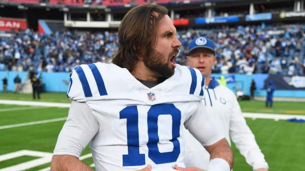 Dec 3, 2023; Nashville, Tennessee, USA; Indianapolis Colts quarterback Gardner Minshew (10) celebrates with teammates after throwing the game-winning touchdown in overtime against the Tennessee Titans at Nissan Stadium. Mandatory Credit: Christopher Hanewinckel-USA TODAY Sports